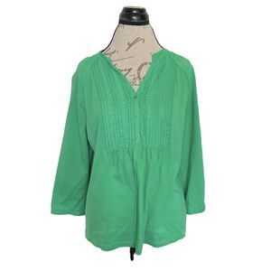 Womens Blouse Popover Top Pintuck Pleat Eyelet Tunic Green Long Sleeve Sz Large